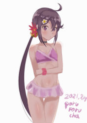 1girl ahoge akebono_(kancolle) akebono_kai_ni_(kancolle) akebono_kai_ni_(swimsuit_mode)_(kancolle) bell bikini black_choker choker dated flower hair_bell hair_between_eyes hair_flower hair_ornament highres kantai_collection long_hair one-hour_drawing_challenge pink_bikini porupurucha purple_eyes purple_hair red_flower scrunchie signature simple_background solo swimsuit very_long_hair white_background white_flower wrist_scrunchie