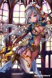 Rule 34 | 1girl, blue eyes, blue hair, boots, breasts, bridal gauntlets, character request, cleavage, copyright name, hat, jewelry, long hair, looking at viewer, lots of jewelry, matching hair/eyes, momoko (momopoco), navel, polearm, silver hair, solo, spear, staff, thighhighs, venus blade, weapon, window