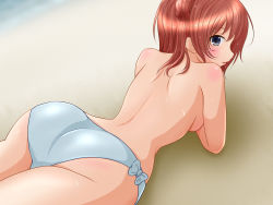 Rule 34 | 10s, 1girl, arm support, ass, bikini, bikini bottom only, black eyes, blush, breasts, brown hair, highres, looking at viewer, looking back, lying, maboroshi rei, on stomach, solo, swimsuit, thighs, topless, underboob, wet, yahari ore no seishun lovecome wa machigatteiru., yuigahama yui