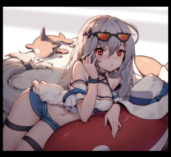 Rule 34 | 1girl, arknights, bare shoulders, black border, blue shorts, border, breasts, chunrijun (springer), cleavage, commentary request, eyewear on head, hair between eyes, hair ornament, hand up, inflatable orca, inflatable toy, long hair, looking at viewer, low-tied long hair, micro shorts, navel, no headwear, off-shoulder shirt, off shoulder, official alternate costume, partial commentary, red eyes, shirt, short sleeves, shorts, silver hair, skadi (arknights), skadi (waverider) (arknights), solo, stomach, sunglasses, thigh strap, thighs, very long hair, whale hair ornament, white shirt