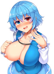 Rule 34 | 1girl, :d, blue eyes, blue hair, blue skirt, blue vest, blush, breasts, cleavage, collarbone, commentary request, daichi (tokoya), hair between eyes, hands up, head tilt, heterochromia, highres, large breasts, long sleeves, looking at viewer, nipples, one breast out, open clothes, open mouth, open shirt, red eyes, shirt, short hair, simple background, skirt, smile, solo, sweat, tatara kogasa, touhou, upper body, vest, white background, white shirt