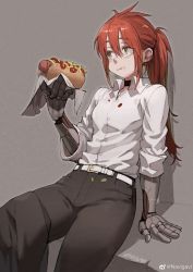 Rule 34 | 1girl, absurdres, collared shirt, cyborg, eating, food, food on clothes, hair between eyes, highres, holding, holding food, hot dog, jun (navigavi), ketchup, long hair, mechanical arms, mustard, napkin, original, ponytail, red hair, shirt, simple background, sitting, sleeves rolled up, solo, stained clothes, weibo logo, weibo watermark