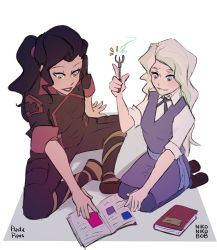 Rule 34 | 2girls, arm support, artist name, asami sato, avatar: the last airbender, avatar legends, belt, black hair, black ribbon, blonde hair, blue dress, blue eyes, blush, book, boots, breasts, crossover, diana cavendish, dress, engineer uniform, female focus, green eyes, green hair, grin, hand up, holding, holding wand, jacket, lips, lipstick, little witch academia, long hair, long sleeves, looking down, makeup, multicolored hair, multiple girls, neck ribbon, nickelodeon, nikoniko808, open book, plastic pipes, ponytail, reading, red lips, ribbon, school uniform, seiza, shirt, shoes, sitting, sleeves rolled up, smile, tag, teeth, the legend of korra, two-tone hair, wand, witch