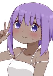 Rule 34 | 1girl, bare shoulders, blush, breasts, closed mouth, collarbone, dark-skinned female, dark skin, dress, fate/prototype, fate/prototype: fragments of blue and silver, fate (series), hair between eyes, hand up, hassan of serenity (fate), i.u.y, looking at viewer, multiple straps, purple eyes, purple hair, sidelocks, simple background, sleeveless, sleeveless dress, small breasts, smile, solo, sweat, upper body, v, white background, white dress