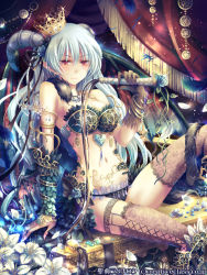 Rule 34 | 1girl, bad id, bad pixiv id, bare shoulders, blue hair, bra, cross, crown, demon girl, demon horns, detached sleeves, flower, gem, holding, horns, jewelry, long hair, looking at viewer, lots of jewelry, original, panties, plant, pointy ears, red eyes, seiten ragnarok, sitting, smile, solo, sparkle, demon girl, thighhighs, underwear, underwear only, vines, whip, yamadori yoshitomo