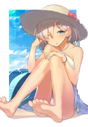 Rule 34 | 10s, 1girl, :p, bare shoulders, barefoot, beach, bikini, cloud, day, eyes visible through hair, feet, flower, hair ornament, hair over one eye, hairclip, hamakaze (kancolle), hand in own hair, hat, hat flower, highres, hitoshi, kantai collection, lens flare, one eye closed, outdoors, revision, silver hair, sitting, sky, soles, solo, straw hat, swimsuit, toes, tongue, tongue out, water