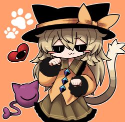 Rule 34 | 1girl, :3, animal ears, animal hat, black eyes, black hat, blush stickers, bow, cat ears, cat girl, cat hat, cat tail, closed mouth, fangs, green skirt, hair between eyes, hat, hat bow, heart, highres, komeiji koishi, light green hair, long hair, long sleeves, looking at viewer, orange background, outline, paw pose, paw print, paw print background, simple background, skirt, slit pupils, solo, sweater, tail, third eye, touhou, v-shaped eyebrows, white outline, yellow bow, yellow sweater, zunusama