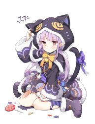 Rule 34 | 1girl, animal ears, animal hood, arm up, bell, black capelet, black footwear, black jacket, black skirt, blush, bow, brown eyes, candy, candy wrapper, capelet, cat ears, cat girl, cat hood, cat tail, closed mouth, commentary request, fake animal ears, food, full body, fur-trimmed capelet, fur-trimmed hood, fur-trimmed skirt, fur-trimmed sleeves, fur trim, heart, highres, hood, hood up, hooded capelet, jacket, jehyun, jingle bell, kyoka (halloween) (princess connect!), kyoka (princess connect!), lollipop, long hair, long sleeves, looking at viewer, panties, paw shoes, pointy ears, princess connect!, purple bow, purple hair, shoes, sidelocks, single thighhigh, sitting, skirt, solo, striped clothes, striped thighhighs, swirl lollipop, tail, tail bow, tail ornament, tail raised, thighhighs, torn clothes, torn skirt, twintails, underwear, very long hair, wariza, wavy mouth, white panties, wide sleeves, yellow bow