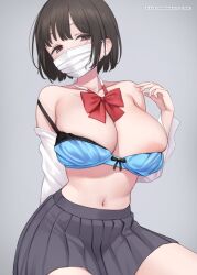 Rule 34 | 1girl, black hair, blue bra, blush, bob cut, bow, bra, breasts, brown eyes, collarbone, grey skirt, highres, large breasts, looking at viewer, mask, mochi (mochi444420), mouth mask, navel, open clothes, open shirt, original, pleated skirt, red bow, short hair, simple background, skindentation, skirt, solo, strap slip, twitter username, underwear