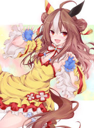 Rule 34 | 1girl, :d, ahoge, animal ears, blue gloves, brown hair, chinese clothes, claw pose, copano rickey (umamusume), detached sleeves, double bun, dress, ear covers, fang, fingerless gloves, gloves, hair bun, hair ornament, horse ears, horse girl, horse tail, long hair, looking at viewer, medium hair, multicolored hair, open mouth, orange eyes, shirt, smile, smirk, solo, strapless, strapless dress, streaked hair, tail, tassel, tassel hair ornament, umamusume, v-shaped eyebrows, w arms, white hair, wide sleeves, yellow dress, yellow shirt, yumesato makura