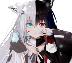 Rule 34 | 1girl, ahoge, animal ear fluff, animal ears, black hair, black jacket, commentary request, dog tags, dual persona, ear down, earrings, ellieka sama, fox ears, fox girl, green eyes, hair between eyes, hair ornament, hairclip, hand on own cheek, hand on own face, highres, hololive, jacket, jewelry, kurokami fubuki, looking at viewer, open clothes, open jacket, paint splatter, paint splatter on face, red eyes, shirakami fubuki, shirakami fubuki (fubukitek), simple background, virtual youtuber, white background, white hair, white jacket