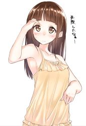 Rule 34 | 1girl, armpits, bare arms, bare shoulders, blunt bangs, blush, brown eyes, brown hair, closed mouth, collarbone, hand up, highres, long hair, looking at viewer, simple background, solo, standing, straight hair, sweatdrop, translated, upper body, wavy mouth, white background, yuki arare