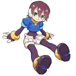 Rule 34 | 1girl, aile (mega man zx), blush, bodystocking, bodysuit, breasts, brown hair, commentary request, fingerless gloves, full body, gloves, green eyes, layered sleeves, long sleeves, looking at viewer, mega man (series), mega man zx, pantyhose, pantyhose under shorts, robot ears, shigehiro (hiroi heya), short hair, short over long sleeves, short sleeves, shorts, skin tight, small breasts, smile, solo, spandex