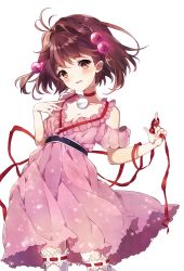 Rule 34 | 1girl, breasts, brown eyes, brown hair, choker, dress, hair bobbles, hair ornament, highres, looking at viewer, open mouth, pink dress, reala (tales), red choker, runako, short hair, simple background, smile, solo, tales of (series), tales of destiny 2, white background