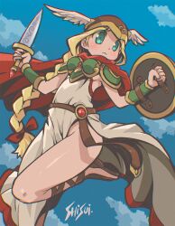 Rule 34 | 1girl, aqua eyes, armor, belt, blonde hair, blue sky, bow, braid, braided ponytail, breastplate, breasts, cape, chromatic aberration, day, female focus, gladiator sandals, hair bow, helmet, holding, holding sword, holding weapon, md5 mismatch, red bow, red cape, sandals, shield, shisui, shoulder armor, sideboob, signature, single braid, sky, small breasts, solo, standing, standing on one leg, sword, thighs, valkyrie (vnd), valkyrie no densetsu, weapon, winged helmet