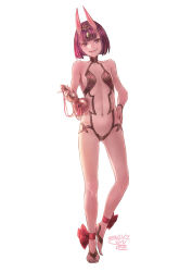 Rule 34 | 1girl, ankle ribbon, anklet, artist name, bare shoulders, barefoot, barefoot sandals (jewelry), bottle, breasts, e snow jp, fate/grand order, fate (series), full body, gluteal fold, hand on own hip, holding, holding bottle, horns, jewelry, leg ribbon, navel, open mouth, purple eyes, purple hair, revealing clothes, ribbon, sake bottle, sandals, short hair, shuten douji (fate), simple background, skin-covered horns, small breasts, smile, solo, standing, white background