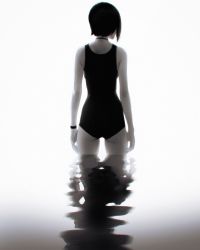 Rule 34 | 1girl, arms at sides, bad id, bad tumblr id, black hair, choker, facing away, from behind, greyscale, highres, ilya kuvshinov, monochrome, one-piece swimsuit, original, reflection, short hair, solo, standing, swimsuit, wading, water, white background, wristband