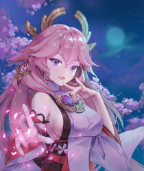 Rule 34 | 1girl, :d, absurdres, animal ears, bare shoulders, breasts, commentary, detached sleeves, fox ears, genshin impact, hand up, highres, long hair, looking at viewer, night, night sky, open mouth, pink hair, purple eyes, qing zhe yu lian, shirt, sideboob, sky, sleeveless, sleeveless shirt, smile, solo, upper body, very long hair, white shirt, yae miko
