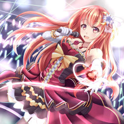 Rule 34 | 1girl, absurdres, bare shoulders, blush, bow, breasts, cleavage, dress, elbow gloves, flower, gloves, guardian-panda, hair flower, hair ornament, heart, highres, holding, holding microphone, jewelry, long hair, looking at viewer, microphone, necklace, open mouth, orange eyes, orange hair, original, pantyhose, red dress, smile, solo, thighhighs, yellow bow