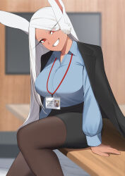 Rule 34 | 1girl, :d, alternate costume, animal ears, black jacket, black skirt, blue shirt, blurry, blurry background, boku no hero academia, breasts, brown pantyhose, collared shirt, dark-skinned female, dark skin, dress shirt, feet out of frame, head tilt, highres, id card, jacket, jacket on shoulders, kritta88, lanyard, large breasts, long eyelashes, long hair, looking at viewer, mirko, office lady, open mouth, pantyhose, parted bangs, pencil skirt, rabbit ears, rabbit girl, red eyes, shirt, shirt tucked in, sitting, sitting on table, skirt, smile, solo, thighs, very long hair, white hair