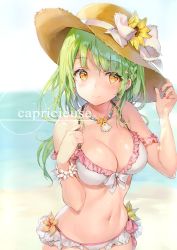 Rule 34 | 1girl, absurdres, bikini, blush, bow, breasts, cleavage, cowboy shot, earrings, flower, frilled bikini, frills, green eyes, hat, hat bow, hat flower, highres, jewelry, large breasts, long hair, looking at viewer, momoko (momopoco), nail polish, navel, necklace, original, red nails, scan, smile, solo, star (symbol), star earrings, stomach, straw hat, sunflower, sweat, swimsuit, white bikini, white bow, yellow eyes, yukari (momoko)