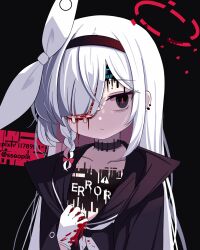 Rule 34 | 1girl, plana (blue archive), bandaid on eye, black choker, black eyes, black hairband, blood, blue archive, choker, closed mouth, gloves, hair over one eye, hairband, halo, highres, long hair, looking at viewer, red pupils, sseopik, upper body, white gloves, white hair