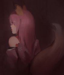 Rule 34 | 1girl, 3four, alternate hairstyle, animal ears, bare shoulders, closed mouth, fate/extra, fate (series), fox ears, fox tail, hair down, hair ribbon, japanese clothes, long hair, looking away, pink hair, ribbon, simple background, solo, tail, tamamo (fate), tamamo no mae (fate/extra)
