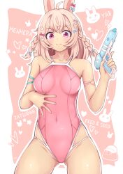 Rule 34 | 1girl, :3, ahoge, animal ears, braid, breasts, closed mouth, covered navel, emoji, hairpin, heart, highres, ixmmxi, long hair, looking at viewer, medium breasts, multiple hairpins, one-piece swimsuit, phase connect, pink hair, pipkin pippa, purple eyes, rabbit ears, rabbit girl, smile, solo, standing, star (symbol), swimsuit, twin braids, virtual youtuber, water gun