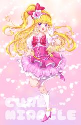 Rule 34 | 1girl, asahina mirai, blonde hair, bow, commentary request, cure miracle, diamond-shaped brooch, earrings, english text, full body, gloves, hat, headband, highres, jewelry, long hair, magical girl, mahou girls precure!, mini hat, mini witch hat, one side up, pink bow, pink footwear, pink headband, pink headwear, precure, puffy short sleeves, puffy sleeves, purple eyes, short sleeves, smile, socks, solo, waka (negronoir), white gloves, witch hat