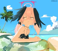 Rule 34 | 1girl, :&lt;, absurdres, beach, bikini, bikini top only, black bikini, black bow, black wings, blue archive, blue sky, blush, bottomless, bow, breasts, closed mouth, cloud, dated, day, feathered wings, floral print, hair between eyes, hair bow, halo, head wings, highres, innertube, koharu (blue archive), koharu (swimsuit) (blue archive), korean commentary, nangnangnang, nose blush, outdoors, pink eyes, pink hair, sky, small breasts, solo, swim ring, swimsuit, tree, twintails, water, wet, wet hair, wings