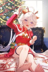 Rule 34 | 1girl, ahoge, alternate costume, animal ears, barefoot, bell, blue eyes, blush, bow, christmas, christmas tree, clenched hand, dress, fake animal ears, fake horns, feet, fur trim, furina (genshin impact), genshin impact, hair between eyes, highres, horns, imasaki kei, long hair, long sleeves, looking at viewer, mismatched pupils, multicolored hair, open mouth, red dress, sitting, solo, sweat, thigh strap, very long hair, vision (genshin impact), white hair