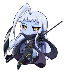 Rule 34 | 10s, 1girl, ahoge, armor, armored boots, black sclera, blackgeneride, blue skin, boots, breasts, chibi, coat, colored sclera, colored skin, dullahan, full body, gauntlets, highres, holding, holding weapon, huge ahoge, lala (monster musume), long hair, monster girl, monster musume no iru nichijou, scarf, scythe, signature, simple background, solo, thighhighs, weapon, white background, white hair, yellow eyes
