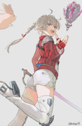 Rule 34 | 1girl, ahoge, alisaie leveilleur, armor, babape, belt, blue eyes, boots, braid, earclip, elezen, elf, final fantasy, final fantasy xiv, fingerless gloves, floating, floating object, floating weapon, from behind, from below, gloves, grey hair, hair ribbon, high heel boots, high heels, highres, holding, holding sword, holding weapon, jacket, leg up, long hair, long sleeves, looking at viewer, looking back, open mouth, outstretched arm, pauldrons, pointy ears, ponytail, porxie (ff14), red belt, red gloves, red jacket, red mage (final fantasy), ribbon, romper, running, shoulder armor, signature, simple background, single braid, solo, sword, thigh boots, twitter username, weapon, white background, white footwear, white romper