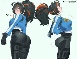 1girl ass ass_focus black_hair blue_jacket breasts flytrapxx gloves hair_between_eyes highres huge_ass jacket large_breasts long_hair multicolored_hair multiple_views orange_eyes pants police police_uniform policewoman ponytail red_hair solo streaked_hair zenless_zone_zero zhu_yuan