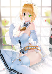 Rule 34 | 1girl, ahoge, belt, blonde hair, blush, bodysuit, breasts, bridal veil, chain, cleavage, commentary request, fate/grand order, fate (series), flower, gloves, green eyes, hair intakes, highres, large breasts, lock, looking at viewer, nero claudius (bride) (fate), nero claudius (bride) (second ascension) (fate), nero claudius (fate), nero claudius (fate) (all), padlock, sitting, smile, solo, veil, white gloves, white legwear, window, zhanzheng zi, zipper