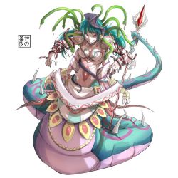 Rule 34 | 1girl, armlet, bracer, breasts, cobra (animal), eudetenis, evil grin, evil smile, extra arms, full body, green hair, grin, lamia, long hair, medium breasts, monster girl, navel, polearm, project ap, red eyes, scales, shoulder pads, simple background, smile, snake, snake hair, solo, spikes, trident, weapon, white background