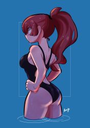 Rule 34 | 1girl, amazu (kurozu), ass, bare arms, bare shoulders, black one-piece swimsuit, blue background, breasts, casual one-piece swimsuit, from side, hair between eyes, hands on own hips, highres, long hair, mari (amazu), medium breasts, one-piece swimsuit, original, parted lips, ponytail, profile, red eyes, red hair, ripples, signature, simple background, solo, standing, swimsuit, very long hair, water