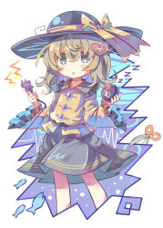 Rule 34 | 1girl, black hat, black skirt, blush, cable, commentary request, cowboy shot, electric plug, electrical outlet, fish, frills, green eyes, green hair, hands up, hat, hat ribbon, highres, holding, komeiji koishi, lightning bolt symbol, long hair, long sleeves, looking at viewer, ribbon, scissors, sekisei (superego51), shirt, simple background, skirt, solo, third eye, touhou, white background, wide sleeves, yellow ribbon, yellow shirt, zzz