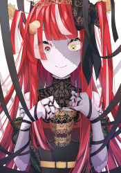 Rule 34 | 1girl, black bow, black nails, black ribbon, bow, closed mouth, commentary request, eyes visible through hair, fingernails, hair bow, hair ornament, hair stick, hands up, heart, heart hair ornament, heterochromia, highres, hololive, hololive indonesia, infinity (kkx132), kureiji ollie, long hair, multicolored hair, nail polish, patchwork skin, red eyes, red hair, ribbon, romaji commentary, silver hair, smile, solo, stitched arm, stitched face, stitches, two-tone hair, upper body, virtual youtuber, white background, yellow eyes