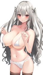 Rule 34 | 1girl, :o, absurdres, amrita (amber78gou), bikini, black ribbon, blush, bra, breasts, brown eyes, brown thighhighs, cameltoe, cleavage, collarbone, dot nose, grey hair, hair between eyes, hair ribbon, highres, huge breasts, lace, lace-trimmed legwear, lace-trimmed panties, lace trim, looking at viewer, navel, original, panties, ribbon, sidelocks, simple background, skindentation, solo, standing, stomach, sweat, swimsuit, thighhighs, twintails, underwear, white background, white bikini, white bra, white panties