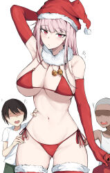 Rule 34 | 1girl, bell, bikini, blush, breasts, child, christmas, elbow gloves, gift, gloves, hat, highres, hololive, hololive english, jingle bell, large breasts, looking at viewer, mori calliope, pink hair, red eyes, sak1 01, santa bikini, santa hat, simple background, swimsuit, thighhighs, virtual youtuber, white background