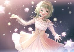 Rule 34 | 1girl, absurdres, blush, bow hairband, canary999, commentary, dress, green eyes, green hair, gumi, hairband, highres, layered dress, long sleeves, looking at viewer, open mouth, ribbon, see-through, see-through sleeves, short hair with long locks, sky, small stellated dodecahedron, smile, solo, star (sky), starry sky, underbust, vocaloid
