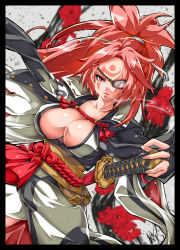Rule 34 | absurdres, baiken, breasts, cleavage, eyepatch, facepaint, guilty gear, guilty gear xrd, highres, holding, holding weapon, japanese clothes, katana, kimono, kirimmitsu, long hair, looking at viewer, pink eyes, pink hair, ponytail, solo, sword, very long hair, weapon
