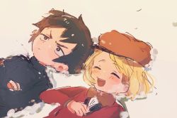 Rule 34 | 2boys, black hair, blonde hair, bow, bowtie, crossed arms, damien thorn, closed eyes, hat, lying, multiple boys, nojiko (natumag), open mouth, phillip pirrup, short hair, smile, snow, south park, turtleneck