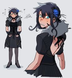 Rule 34 | 1boy, alternate costume, backless dress, backless outfit, black dress, black hair, blue eyes, character sheet, crossdressing, dress, fate/grand order, fate (series), flower, fujimaru ritsuka (male), full body, grey background, hair flower, hair ornament, long hair, looking back, looking down, messy hair, multiple views, open mouth, simple background, souma (soumadian), sweat, tearing up