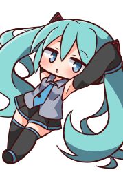 Rule 34 | 1girl, :o, arm behind head, armpits, arms up, bare shoulders, black skirt, black sleeves, black thighhighs, blue eyes, blue hair, blue necktie, blush, chibi, collared shirt, detached sleeves, floral background, full body, grey shirt, hair between eyes, hana kazari, hatsune miku, highres, long hair, necktie, parted lips, pleated skirt, shirt, simple background, skirt, sleeveless, sleeveless shirt, sleeves past fingers, sleeves past wrists, solo, thighhighs, tie clip, twintails, very long hair, vocaloid, white background