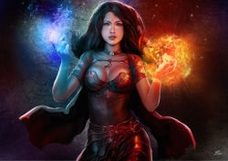 Rule 34 | 1girl, breasts, brown hair, cleavage, dede putra, energy ball, fire, jewelry, large breasts, midriff, original, short hair, solo