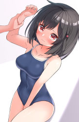 Rule 34 | 1girl, bare arms, bare shoulders, black hair, blue one-piece swimsuit, blunt bangs, blush, bob cut, breasts, closed mouth, collarbone, commentary request, covered navel, covering privates, covering crotch, embarrassed, granblue fantasy, groin, hekomii, highres, holding another&#039;s wrist, medium breasts, one-piece swimsuit, out of frame, red eyes, simple background, solo focus, swimsuit, vikala (granblue fantasy), wavy mouth, white background