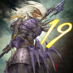 Rule 34 | 1girl, :o, armor, artist request, countdown, cowboy shot, dark-skinned female, dark skin, dragoon (final fantasy), elezen, elf, final fantasy, final fantasy xiv, floating hair, from behind, gauntlets, grey eyes, helmet, highres, holding, holding helmet, looking back, open mouth, pointy ears, polearm, purple armor, solo, spear, standing, warrior of light (ff14), weapon, white hair