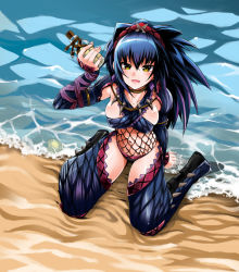 Rule 34 | 1girl, amagai yukino, arm support, beach, blue hair, blush, bottle, breasts, capcom, fishnets, large breasts, long hair, monster hunter (series), nargacuga (armor), navel, open mouth, outdoors, sitting, solo, wariza, water, yellow eyes